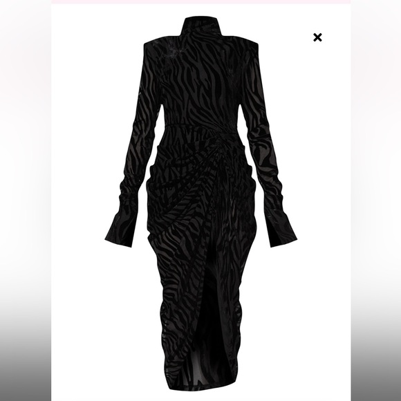 NWT PLT Black Zebra Print Devore High Neck Draped Midi velvet dress - Picture 3 of 6